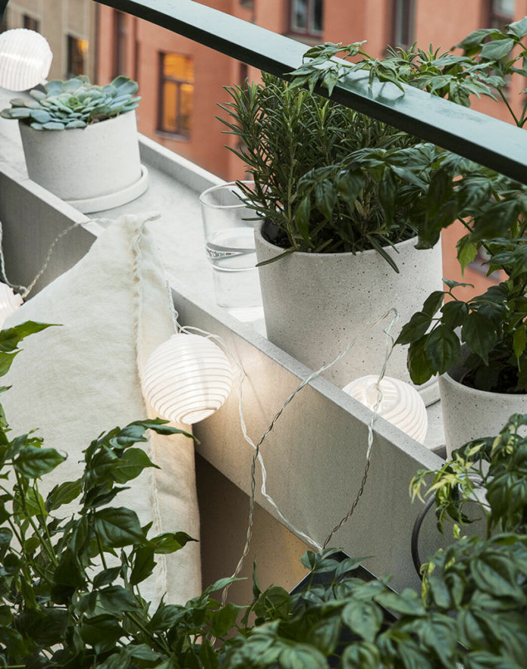 Foto: Granit String lights at balcony and green plants and herbs.