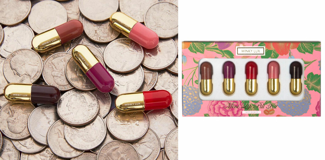 Miniläppstift, <em>Mini lip pill kit</em>, <a href="https://www.sephora.se/marken/winky-lux/" target="_blank" rel="noopener">Winky Lux</a>. Söta miniläppstift i perfekt resestorlek eller för att ha i den lilla handväskan.