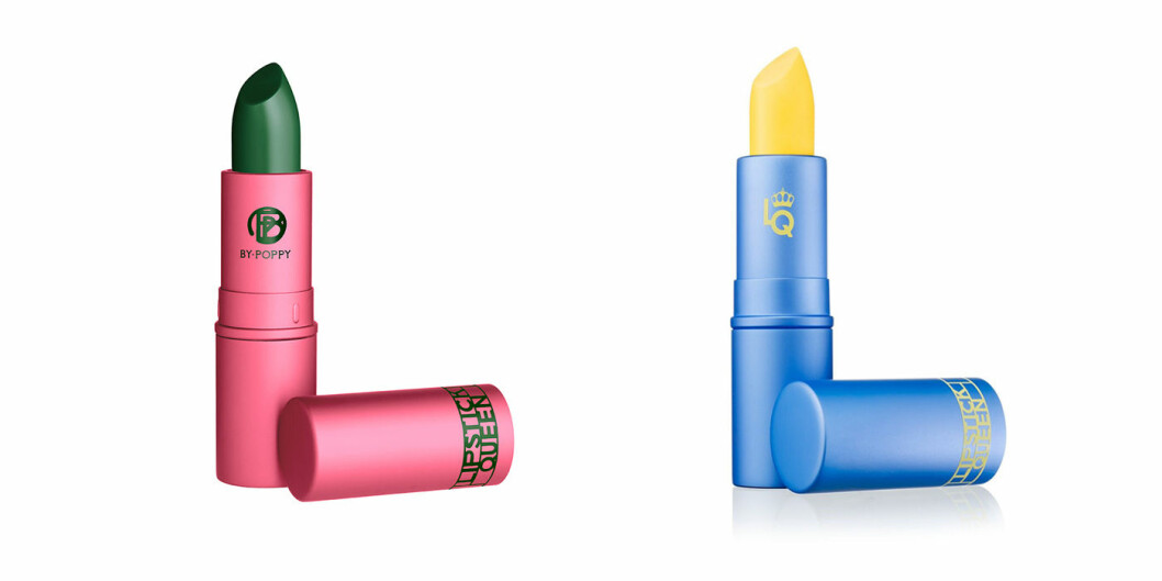 Läppstift <a href="https://www.sephora.se/marken/lipstick-queen/frog-prince-P2507034.html?cgid=LIPSQ#start=1" target="_blank" rel="noopener"><em>Frog prince</em></a> och <em>Mornin’ sunshine, </em><a href="https://www.sephora.se/marken/lipstick-queen/" target="_blank" rel="noopener">Lipstick Queen</a>. Återfuktande läppstift som smälter in i läpparna och anpassar sig efter ditt pH-värde, vilket gör att färgen aldrig ser likadan ut på flera personer. Det gröna intar en rosenknoppsnyans och det gula passar en solkysst och bronzig hud.
