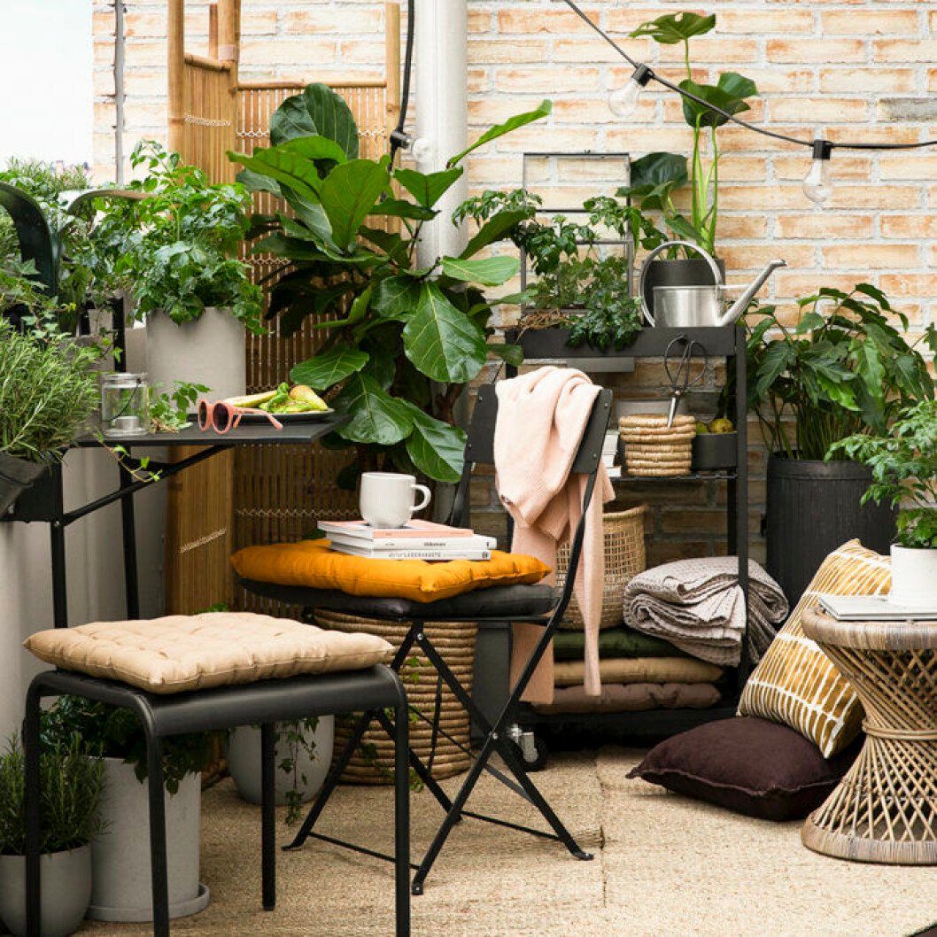 Foto: Granit Summer balcony with plants and string lights.
