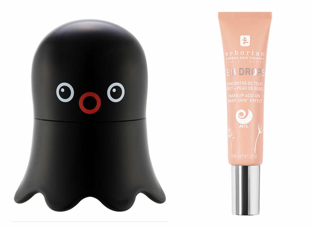 Rengöringsmousse, <em>Tako cleansing foam</em>, <a href="https://www.sephora.se/marken/tonymoly/" target="_blank" rel="noopener">Tony Moly</a>. Rengör porer, absorberar talg och exfolierar huden. Primer/foundation, <em>BB Drops</em>, Erborian. Bidrar till en mer jämn och mjuk textur och tillför lyster. Berikad med ginseng som är känd för sin mjukgörande egenskap.