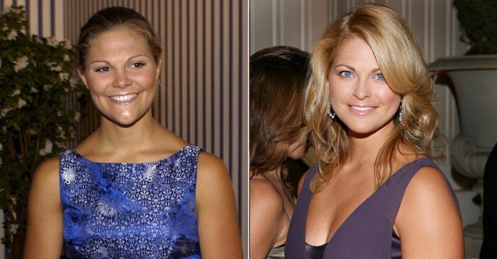 Kronprinsessan Victoria i blå blus och prinsessan Madeleine vid en gala i New York.