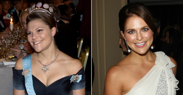 Kronprinsessan Victoria vid Nobel 2007. Prinsessan Madeleine på gala i New York 2012.