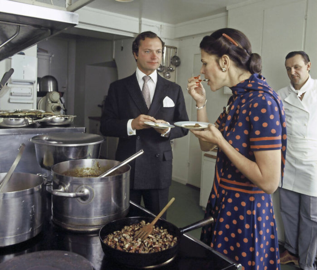 Silvia 1980. <br>Det var vid en provsmakning med fotografering i köket på Stockholms slott som drottningen bar den blå klänningen med korallrosa prickar, knyt i halsen och kort ärm. Matchande kammar i det mörka håret fullbordade looken.