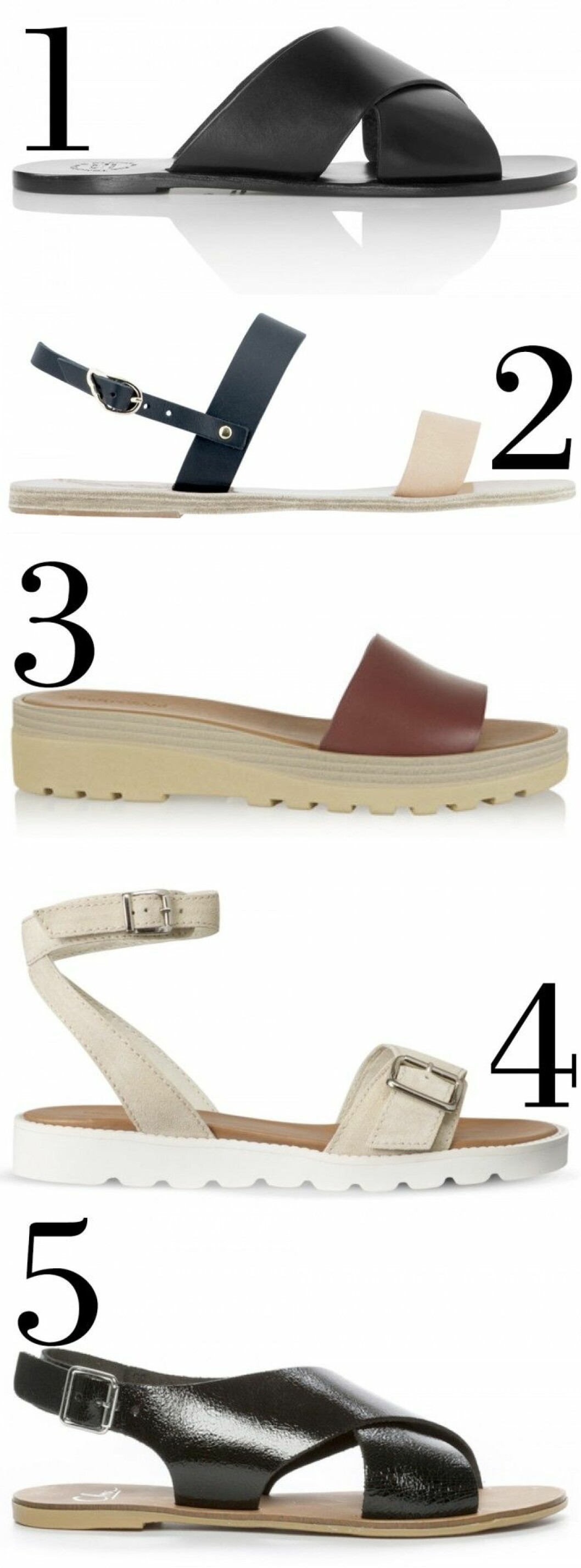 1. Skinnsandal med korsade band, 1 400 kr, <a href="http://atpatelier.com/" target="_blank">Atp Atelier</a>.<br>2. Tvåfärgad skinnsandal, 1 200 kr, <a href="http://www.ancient-greek-sandals.com/" target="_blank">Ancient Greek Sandals</a>.<br>3. Skinntoffla med träsula, ca 2 000 kr, See by Chloé/<a href="http://www.net-a-porter.com/" target="_blank">net-a-porter.com</a>.<br>4. Mockasandal med vristrem, 1 500 kr, <a href="http://www.filippa-k.com/se/" target="_blank">Filippa K</a>.<br>5. Skinnsandal med breda band, 599 kr, Clou/<a href="http://www.putfeetfirst.com/se/" target="_blank">putfeetfirst.com</a>. 1. Skinnsandal med korsade band, 1 400 kr, Atp Atelier. 2. Tvåfärgad skinnsandal, 1 200 kr, Ancient Greek Sandals. 3. Skinntoffla med träsula, ca 2 000 kr, See by Chloé/net-a-porter.com 4. Mockasandal med vristrem, 1 500 kr, Filippa K. 5. Skinnsandal med breda band, 599 kr, Clou/putfeetfirst.com