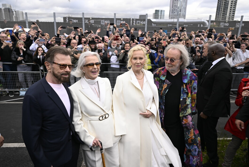 Benny Andersson, Agnetha Fältskog, Björn Ulvaeus och Anni-Frid Lyngstad anländer till ABBA Arena, Queen Elizabeth Olympic Park, inför premiären av ABBA Voyage.