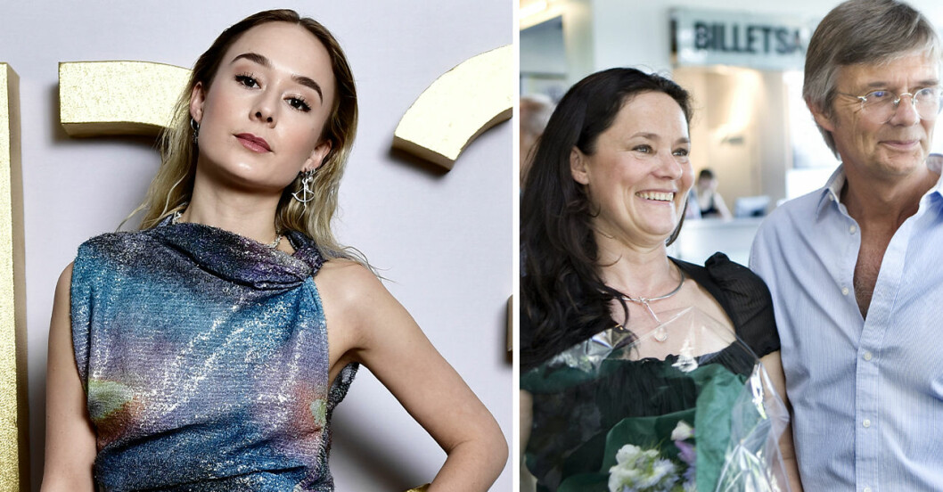 Alba August uppklädd i glitter på 2021 års P3-guldgala. Och föräldrarna Pernilla och Bille August på bild 2.