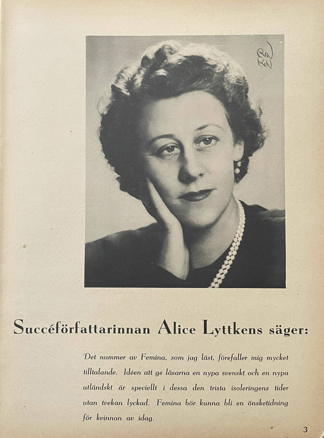 Alice Lyttkens uttalande om Femina 1944.