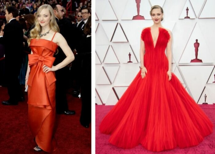 Amanda Seyfried 2009 vs. 2021. Till vänster Amanda Seyfried på Oscarsgalan 2009 och till höger på Oscarsgalan 2021.