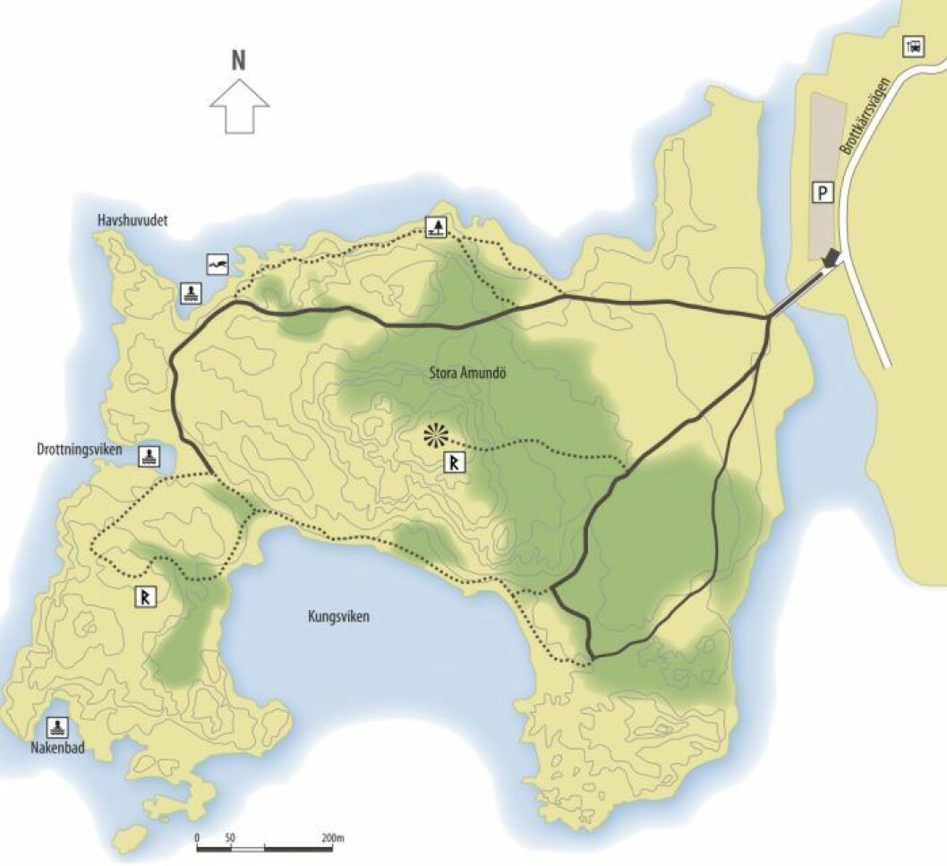 Glöm int badkläder och picknick! <a href="https://goteborg.se/wps/wcm/connect/6830c88a-6f51-45a6-94b1-a3f3473983a0/Tv%C3%A5vik_Stora+Amund%C3%B6n.pdf?MOD=AJPERES" target="_blank" rel="noopener">Se större karta här.</a> Stora Amundö