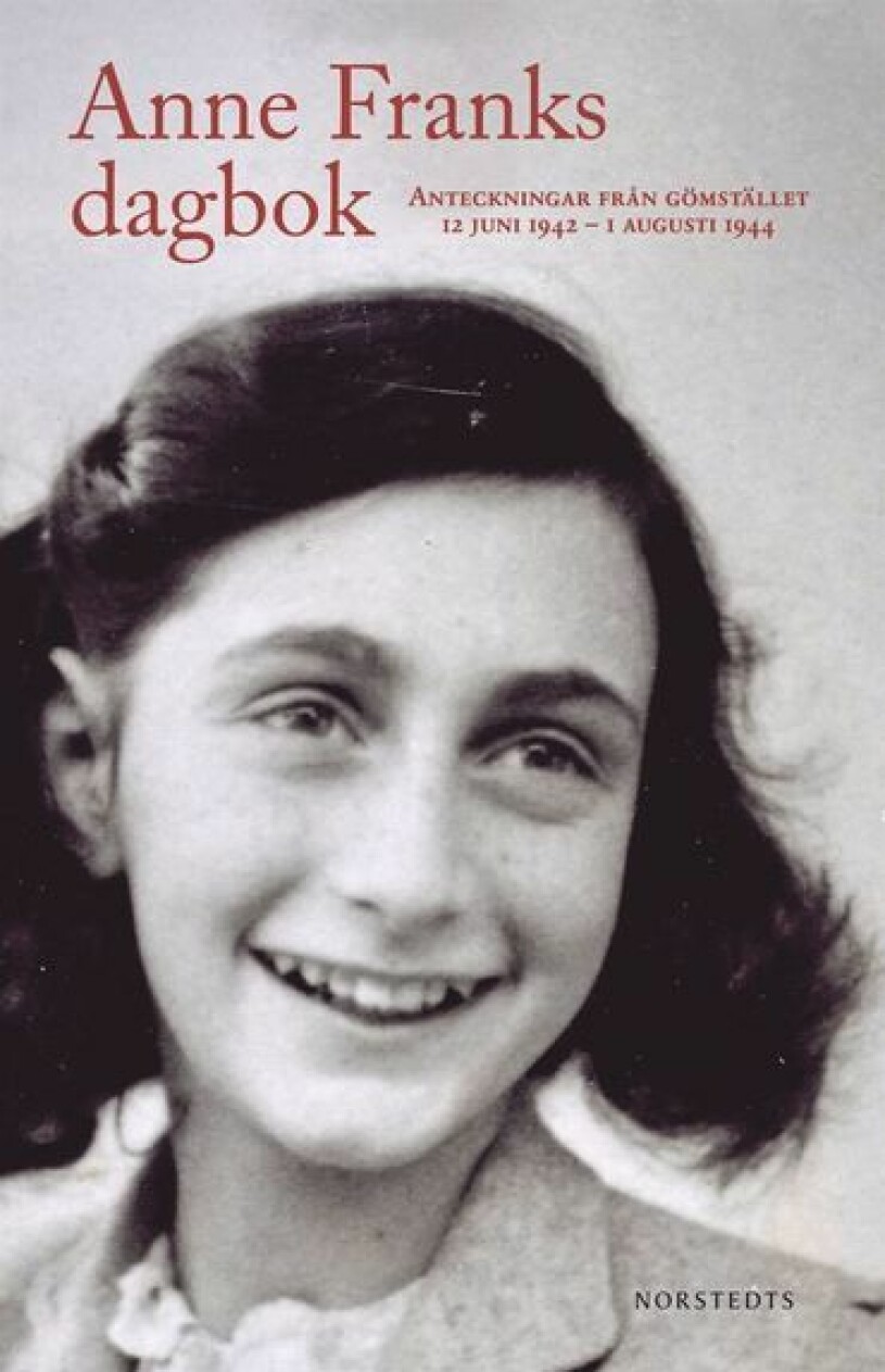 En sammanställning av Anne Franks berättelser under andra världskrigets förföljelser och folkutrensning. Bildomslag till Anne Franks Dagbok- Bild på Anne Franks.