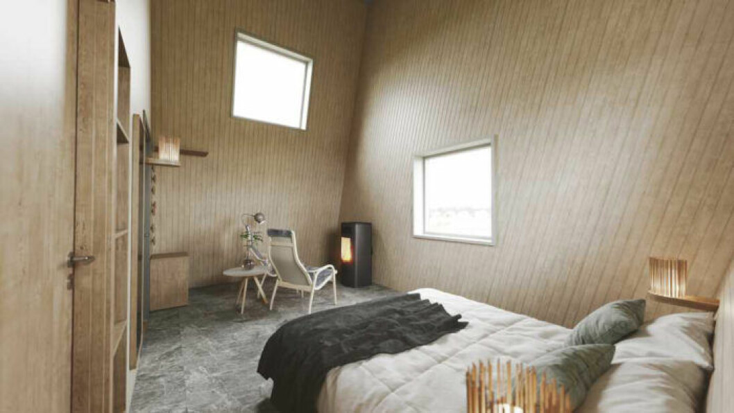 Flytande rum med charmiga timmerväggar och mysig brasa. Arctic Bath flytande rum