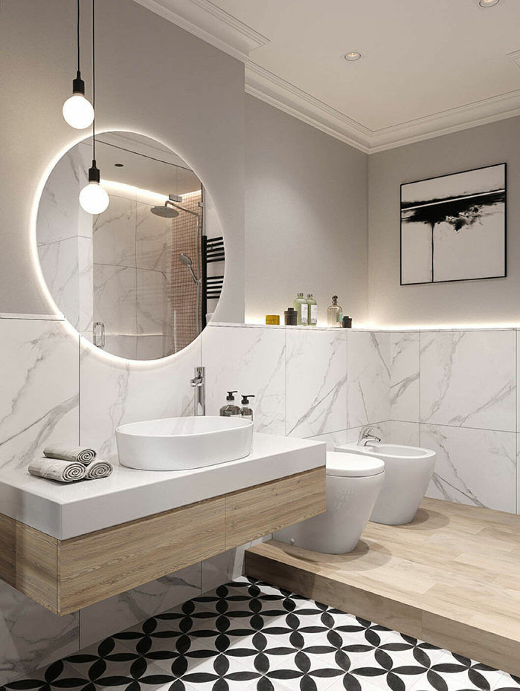 Foto: <a href="http://cartelledesign.com/portfolio/prime-life" target="_blank" rel="noopener">Cartelle Design</a> bra belysning i badrummet är viktig