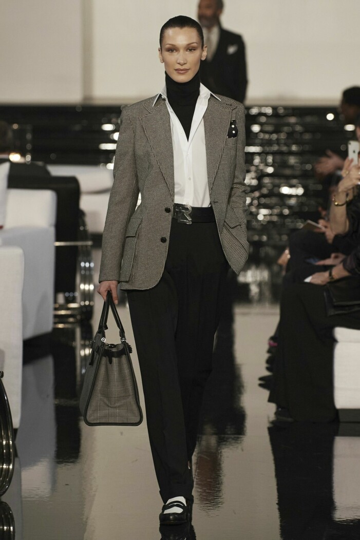 Bella Hadid on the catwalk at the Ralph Lauren Fashion show in Paris, Fall Winter 2022. Bella Hadid on the catwalk at the Ralph Lauren Fashion show in Paris, Fall Winter 2022.