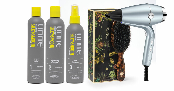Silky Smooth Shampoo, Conditioning Hydrating Complex och Heat Activator från Unite. Boar Brush Medium från Fan Palm. Hydro-Fusion Hair Dryer från Babyliss.