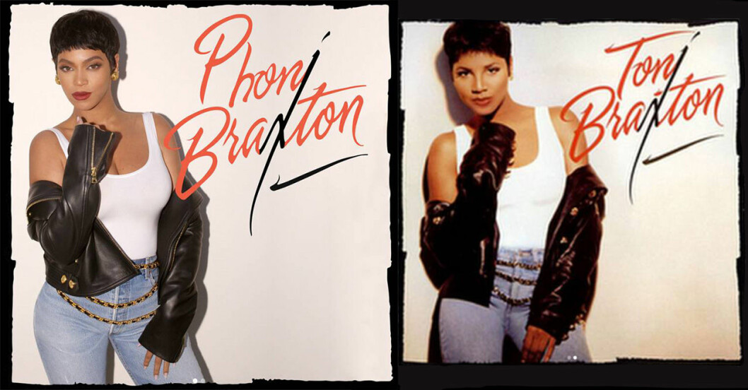 Beyoncé som ”Phoni Braxton” och original bilden på Toni Braxton. Foto: Instagram Beyoncé i 90-talskläder, utklädd till Toni Braxton, och originalfoto på Toni Braxton som Beyoncé försöker efterlikna.