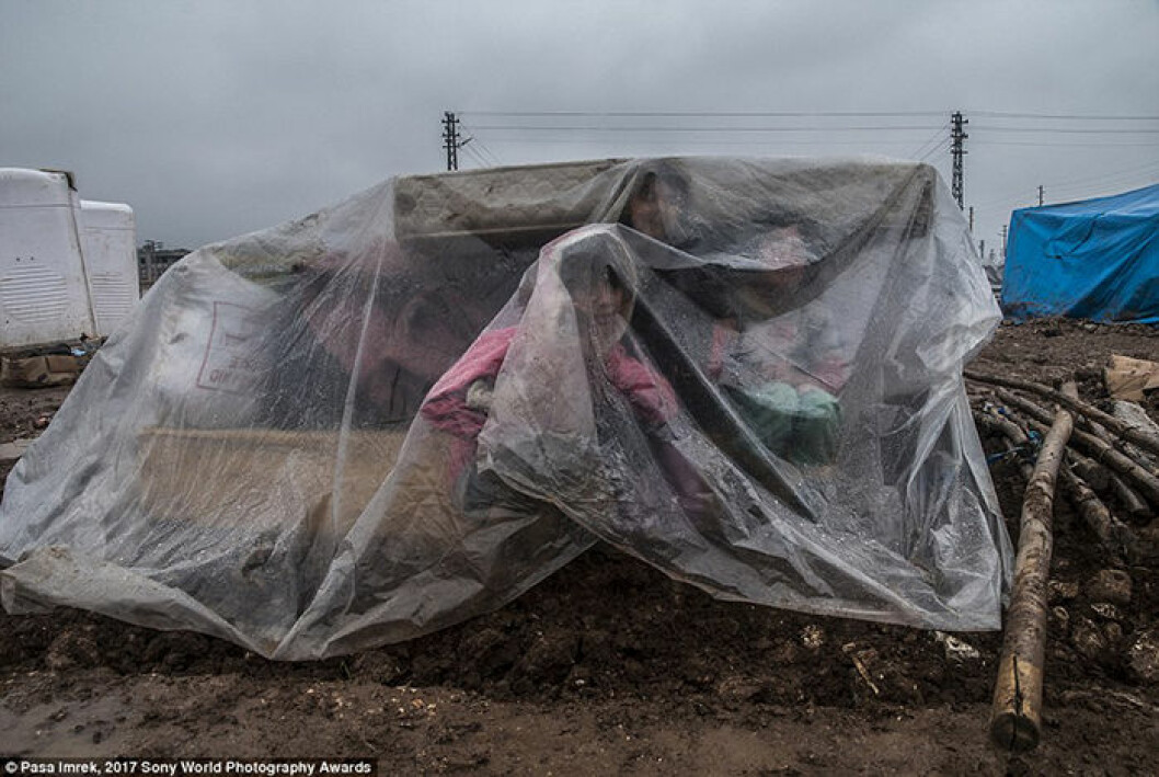 Syriska barn skyddar sig från regnet i ett turkiskt flyktingläger. Fotograf: Pasa Imrek