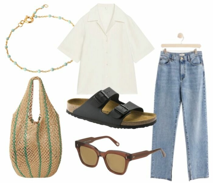 En look med klassiska Birkenstocks som bas. Kollage med Birkenstock-sandaler och plagg som tillsammans utgör en outfit. Plaggen och accessoarerna är mer utförligt beskrivna nedan.