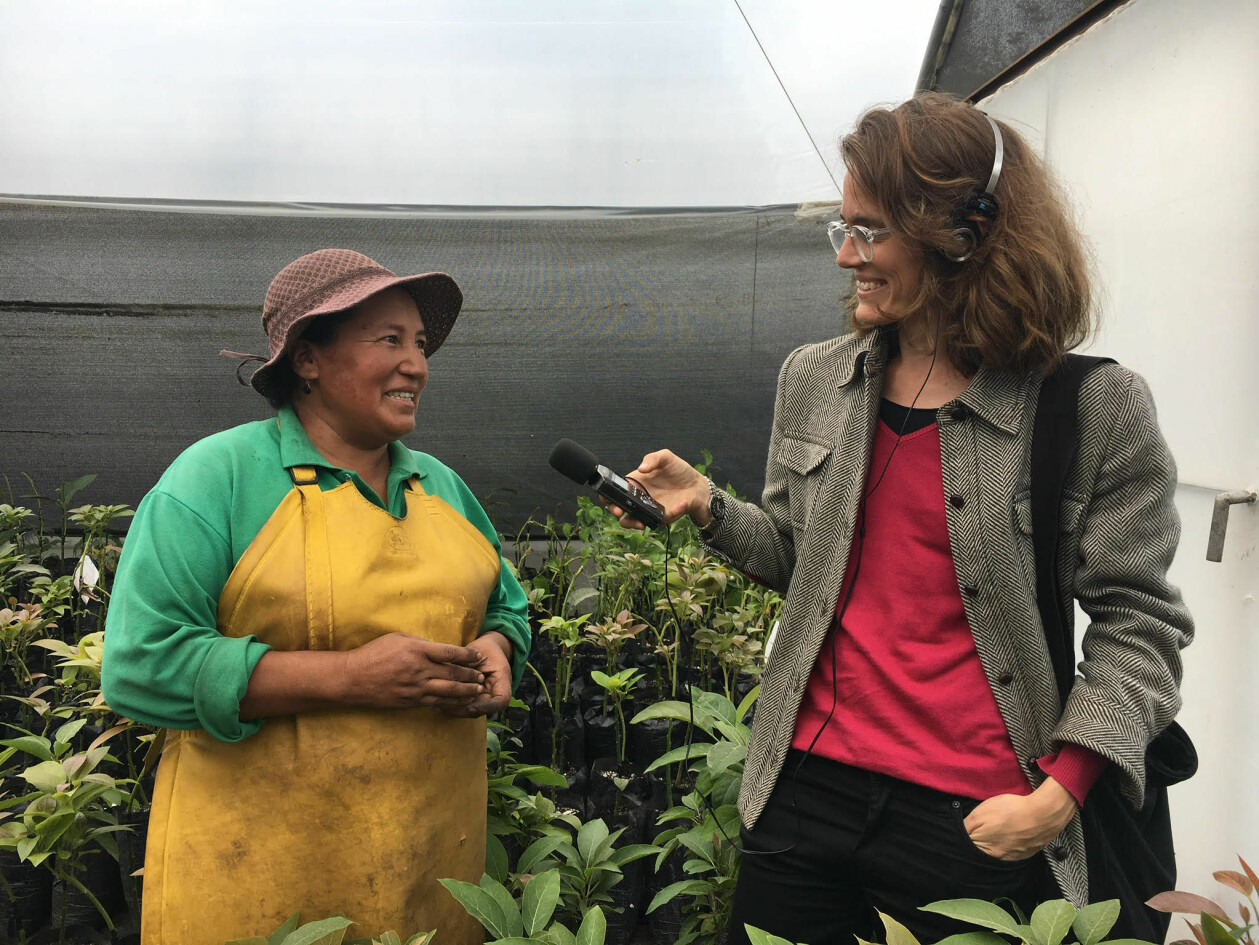 Lotten Collin intervjuar en kvinna som arbetar på en stor industri för snittblommor i Ecuador. Foto: Sveriges Radio