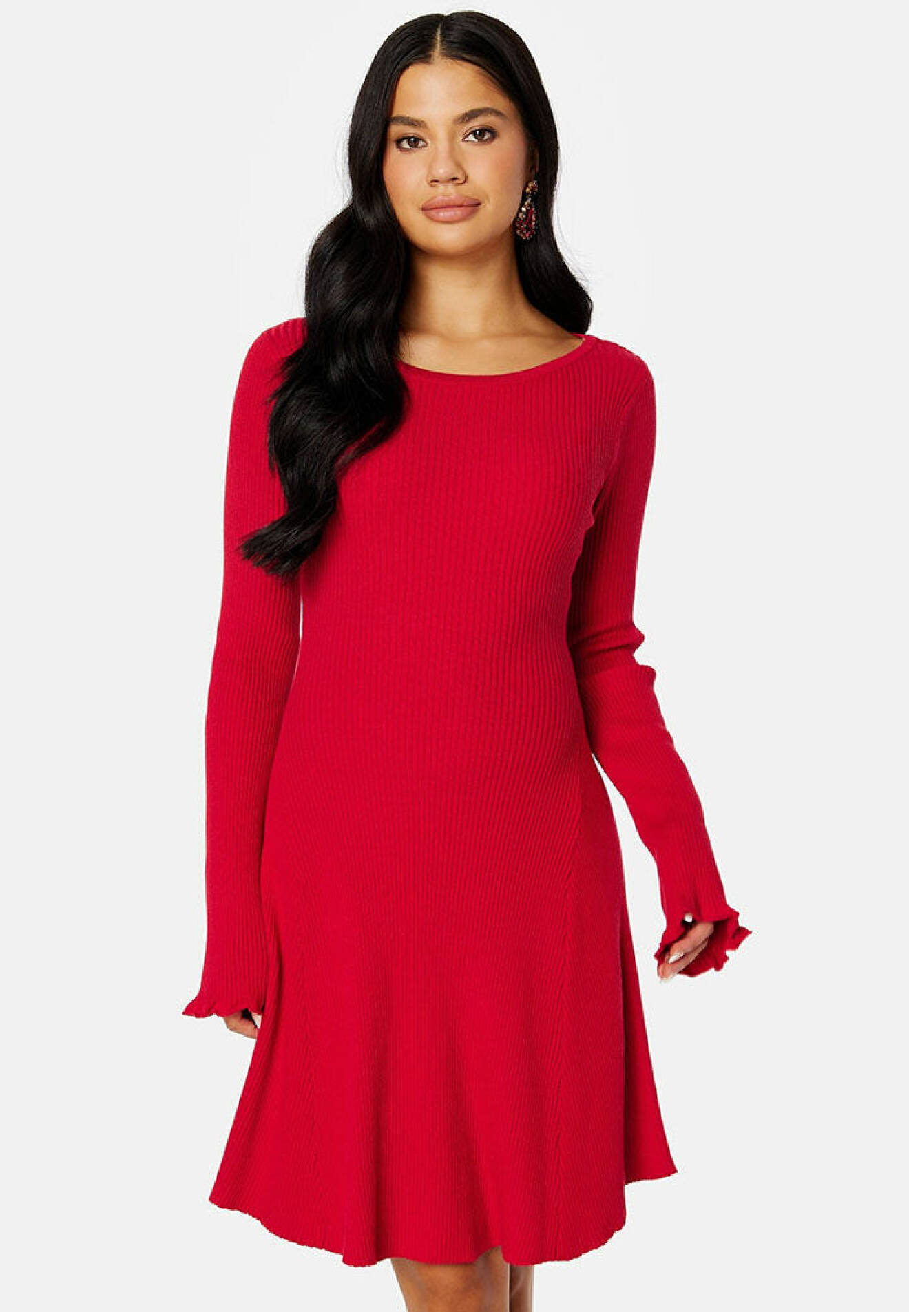 Långärmad röd stickad klänning från Bubbleroom