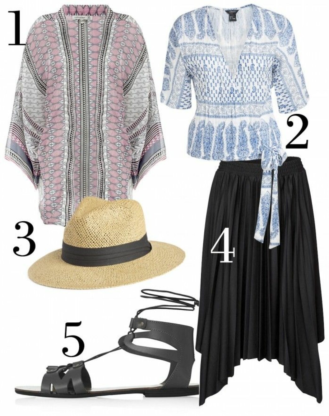 1. Kimono, 349 kr, Flash.<br>2. Blus, 249 kr, Lindex.<br>3. Hatt, 199 kr, Lindex.<br>4. Kjol, 299 kr, Vero Moda.<br>5. Sandal, 290 kr, Topshop.<br> 1. Kimono, 349 kr, Flash. 2. Blus, 249 kr, Lindex. 3. Hatt, 199 kr, Lindex. 4. Kjol, 299 kr, Vero Moda. 5. Sandal, 290 kr, Topshop.