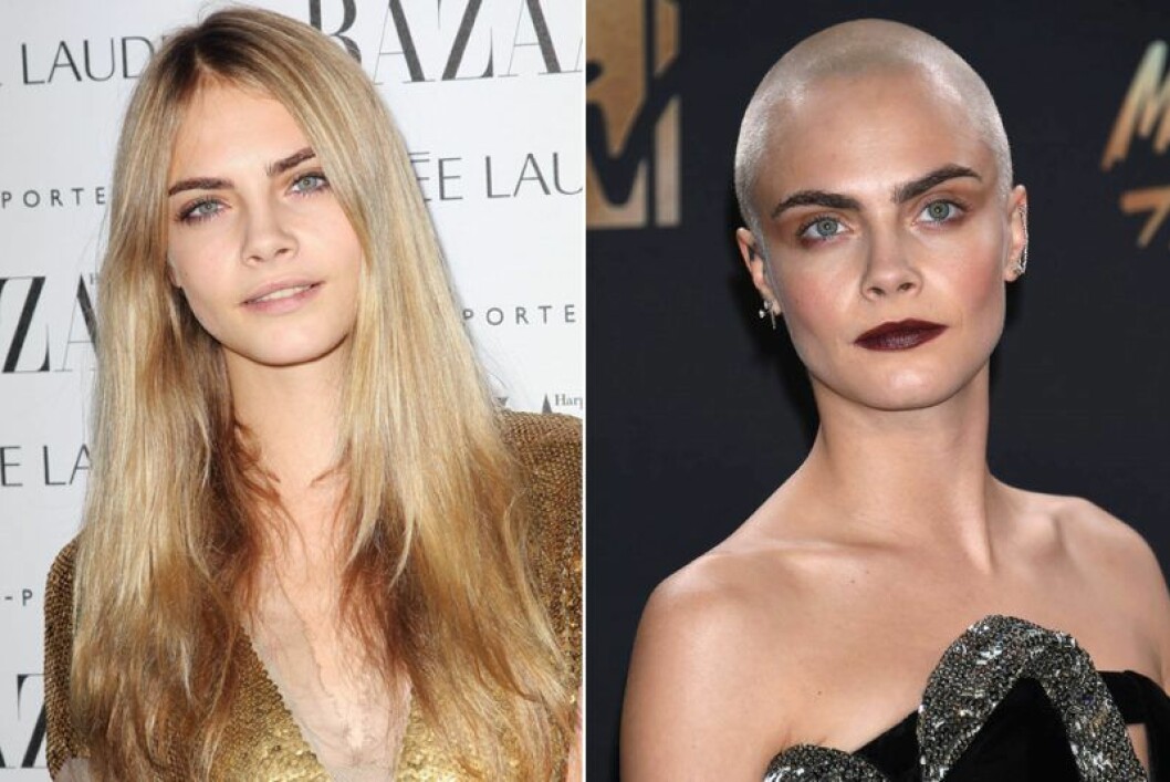 Cara Delevingne rakade av sig sitt hår. Cara Delevingne med långt hår och rakad