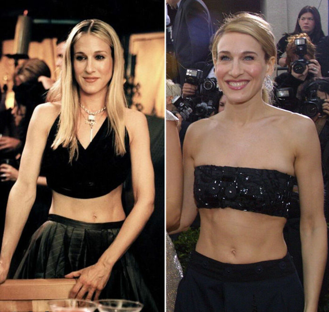 Carrie Bradshaw och Sarah Jessica Parker i svart magtröja med svart kjol