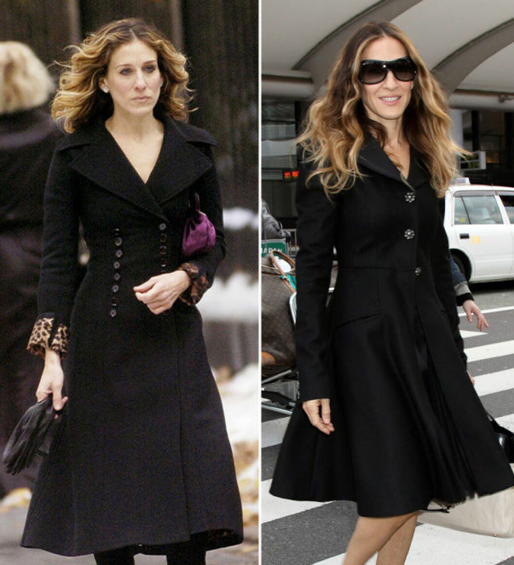 Carrie Bradshaw och Sarah Jessica Parker i svart kappa