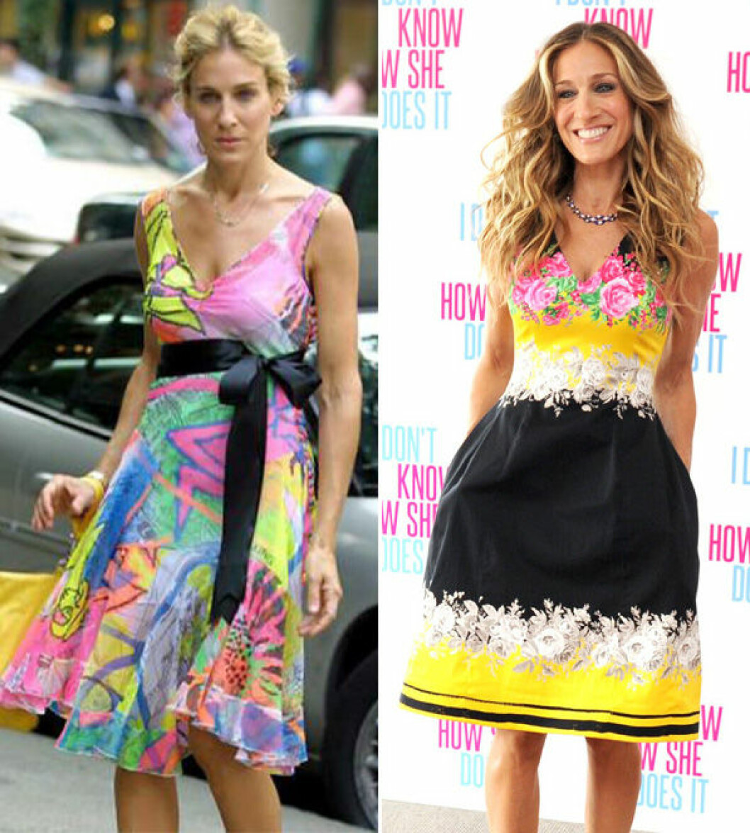 Carrie Bradshaw och Sarah Jessica Parker i multifärgad klänning