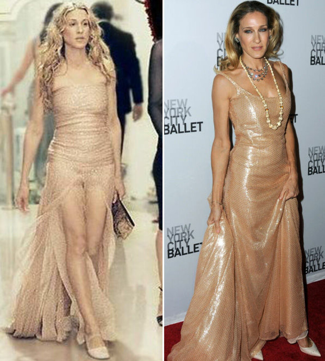 Carrie Bradshaw och Sarah Jessica Parker i en beige långklänning