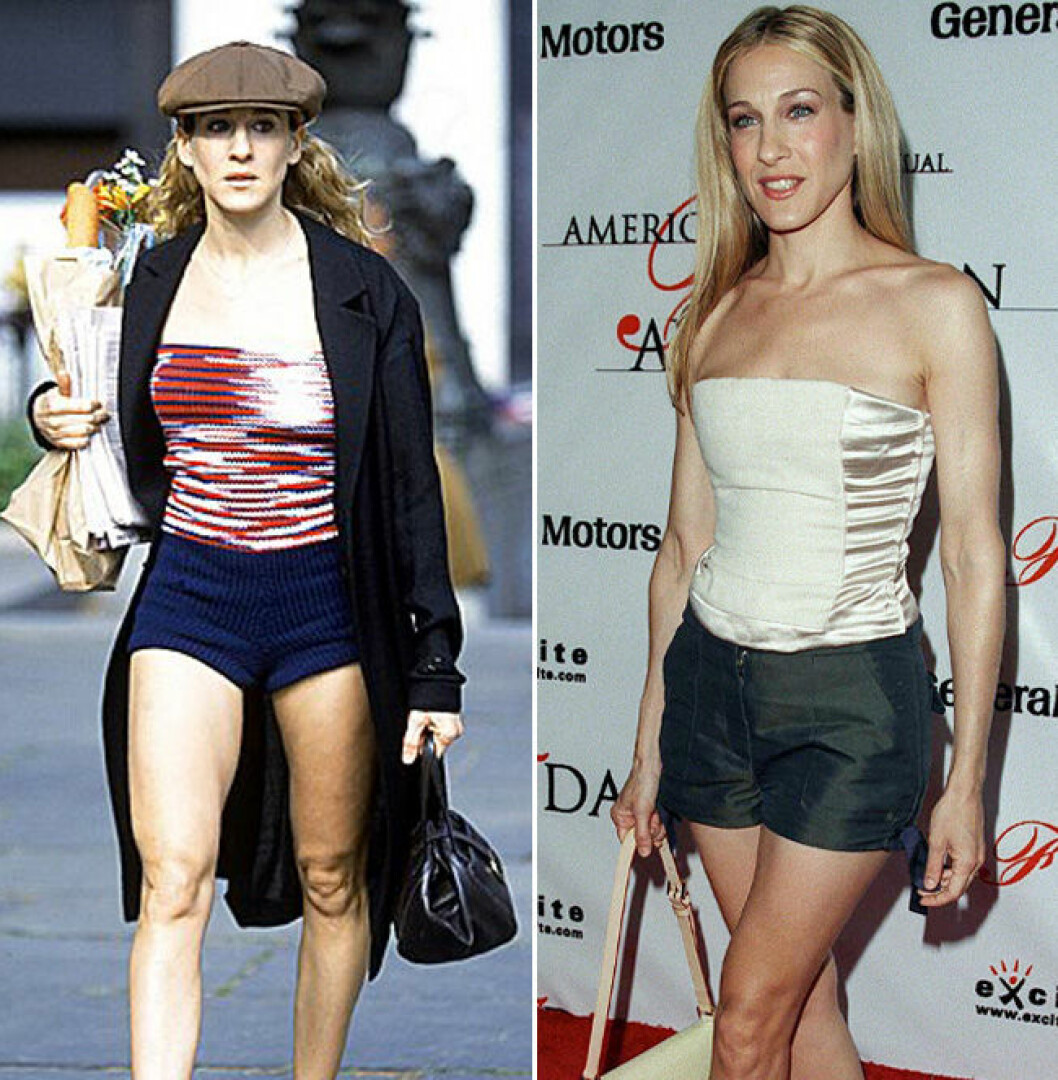 Carrie Bradshaw och Sarah Jessica Parker i shorts och tubtopp