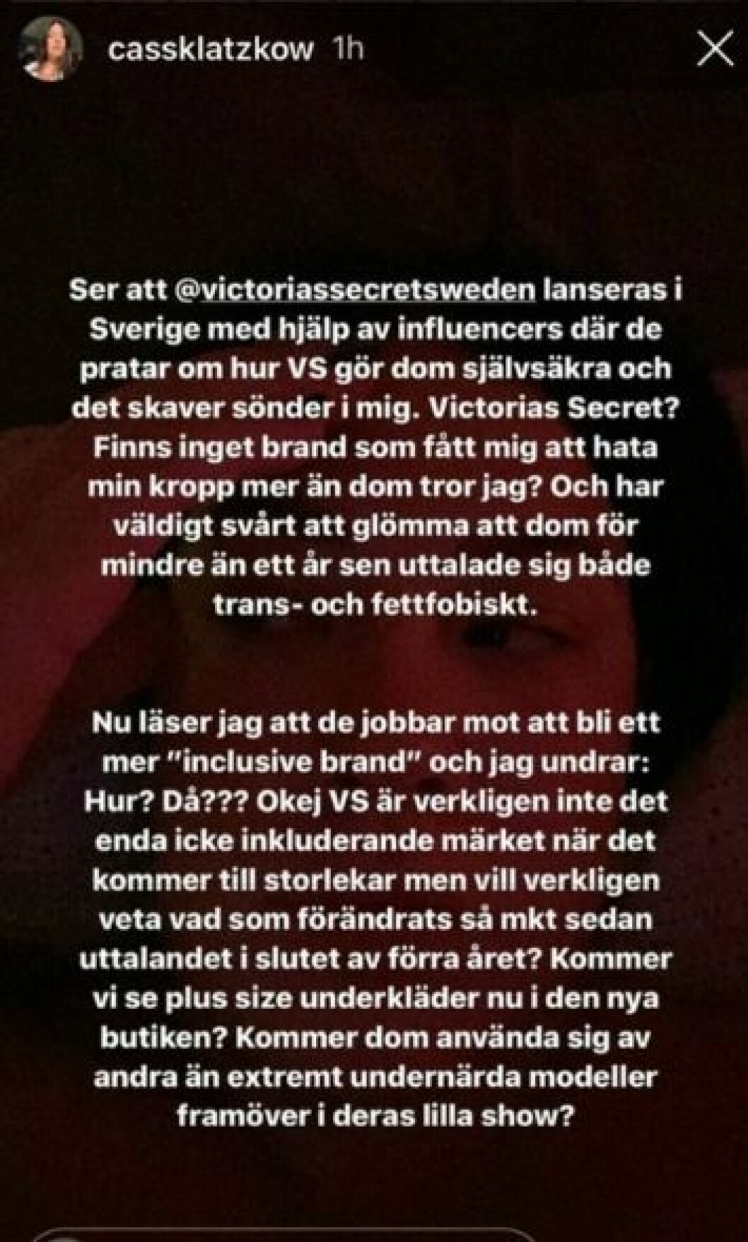 En bild från Cassandra Klatzkows Instagramstory om Victoria's Secret Sweden.