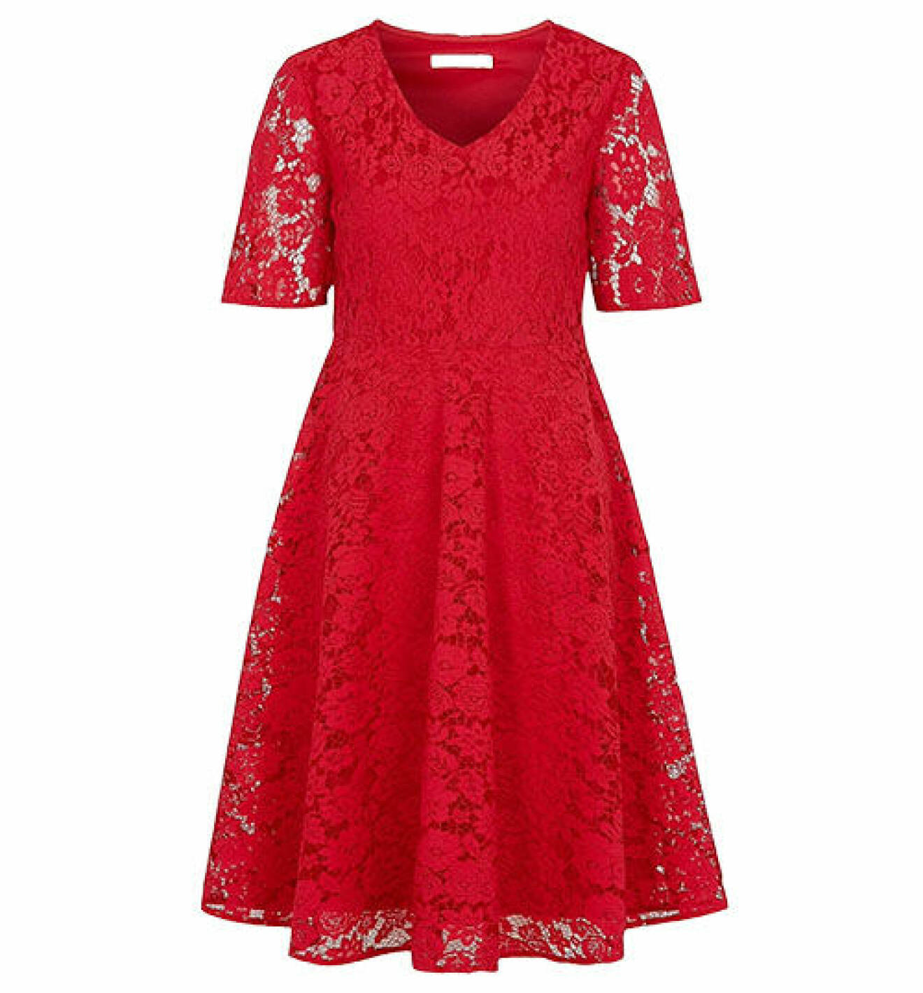 Röd kort spetsklänning med korta ärmar och vid kjol från Cellbes
