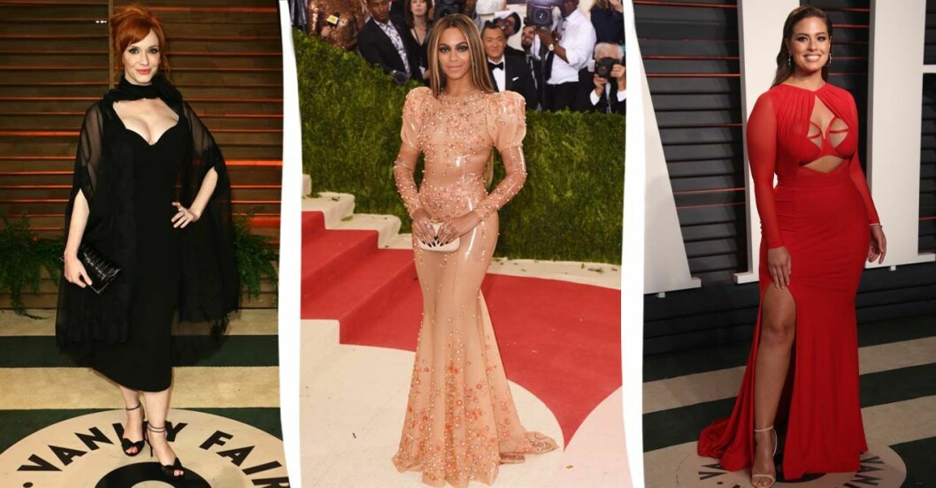 Från vänster: Christina Hendricks, Ashley Graham och Beyoncé, alla klädda i aftonklänningar på röda mattan. Temat på artikeln är kändisar som designers vägrat klä genom åren.