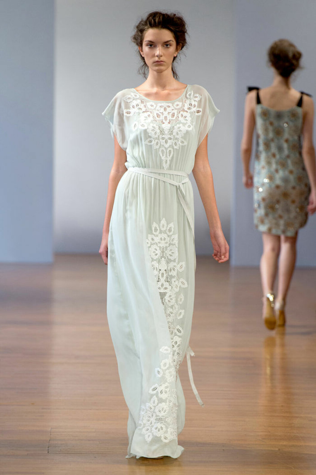 Trellis Embroidery Scoop Neck Gown.