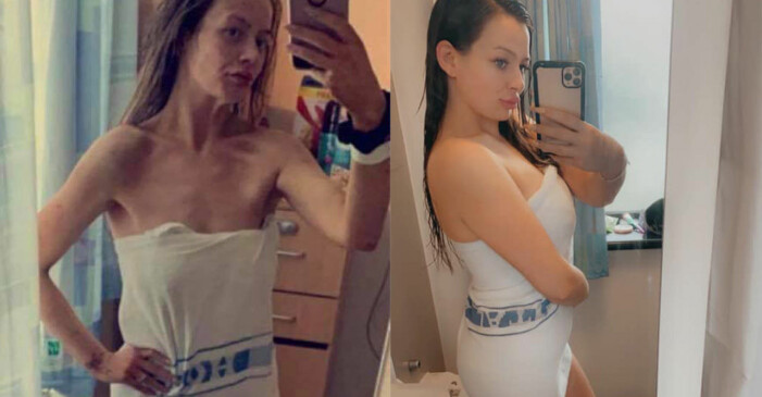 Demi-Nicole visar upp sig i samma klänning, bilderna tagna före och efter hon blev ren.