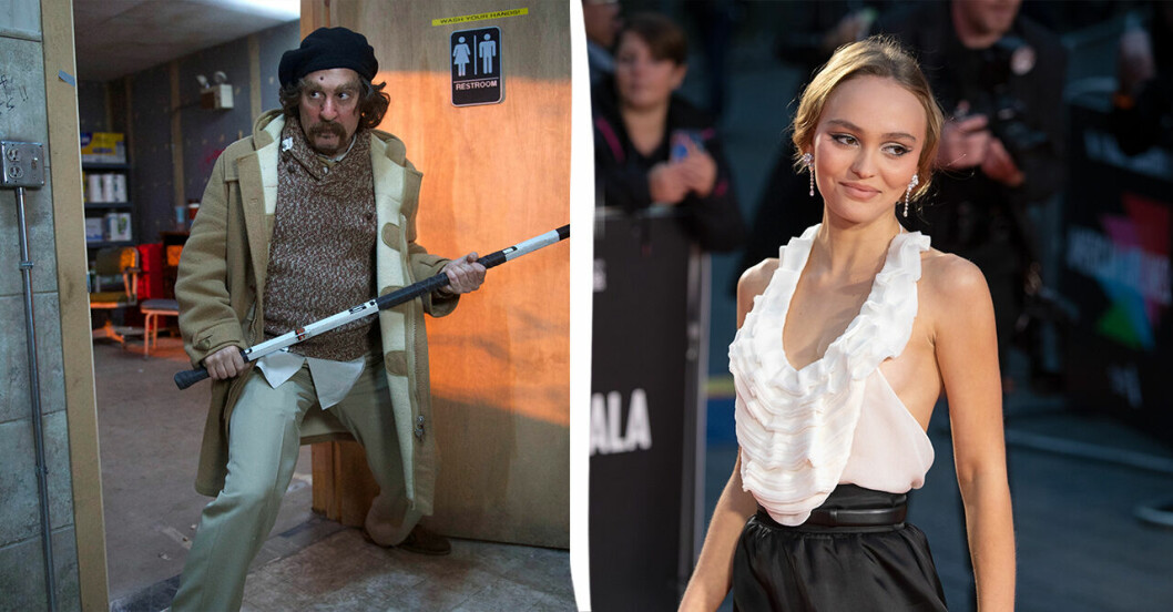 Johnny Depp i filmen, bredvid dottern Lily-Rose Depp fotad på röda mattan.