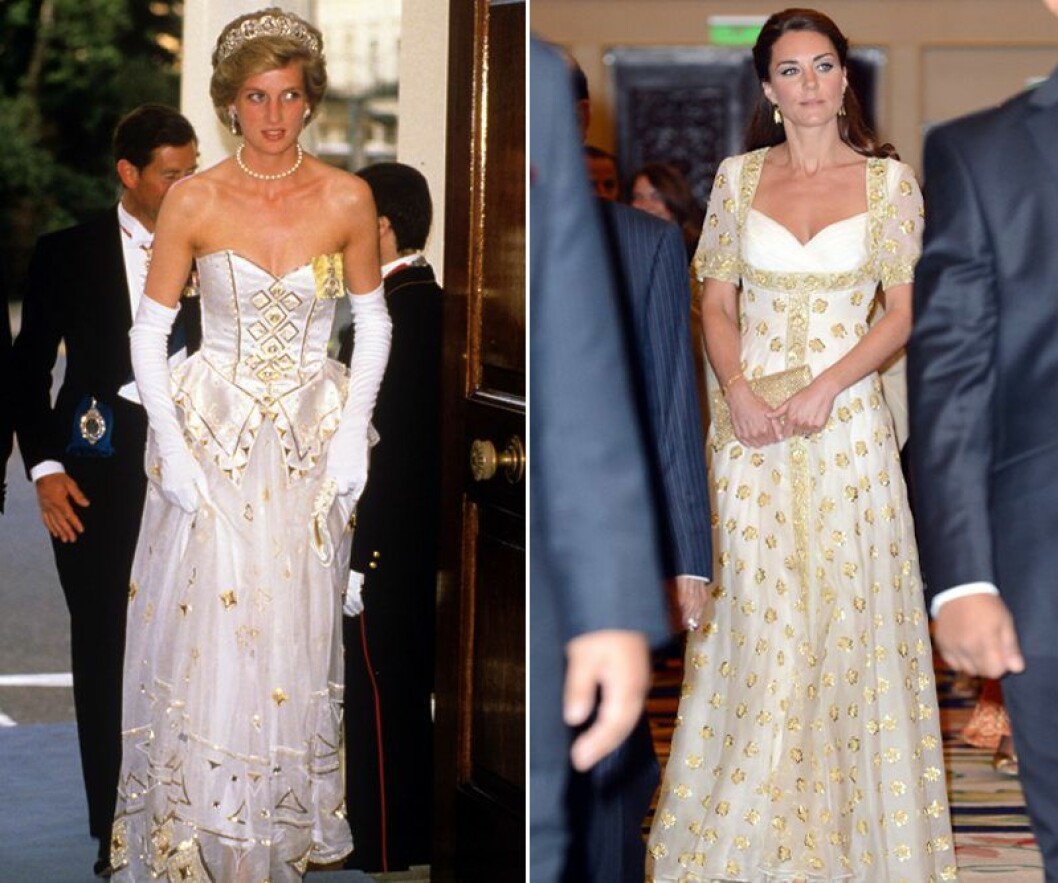 Prinsessan Diana 1986 och Kate Middleton 2012. Kate Middleton och prinsessan Diana i vita och guldiga klänningar