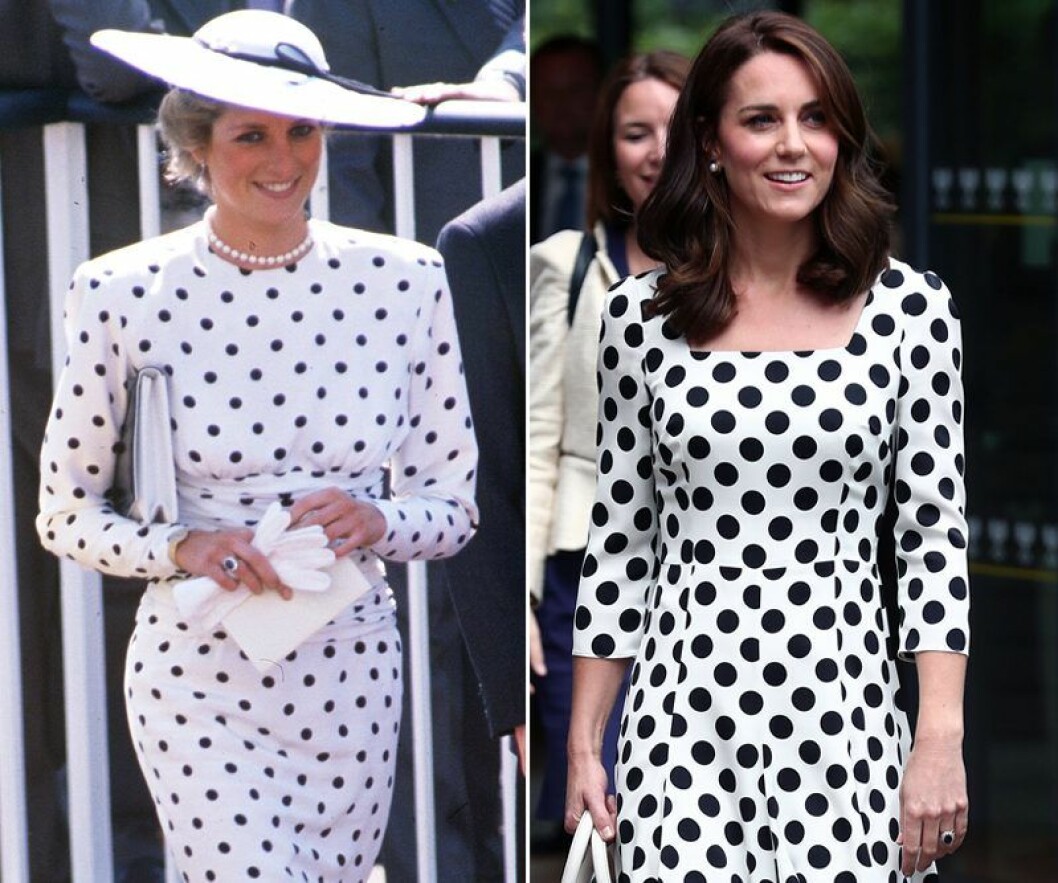 Prinsessan Diana 1988 och Kate Middleton 2017. Kate Middleton och prinsessan Diana i vit klänning med svarta prickar på