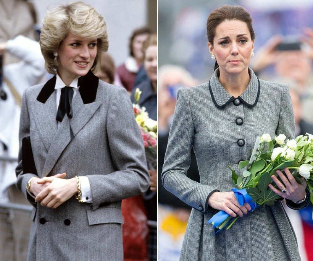 Prinsessan Diana 1984 och Kate Middleton 2018. Kate Middleton och prinsessan Diana i grå blazer