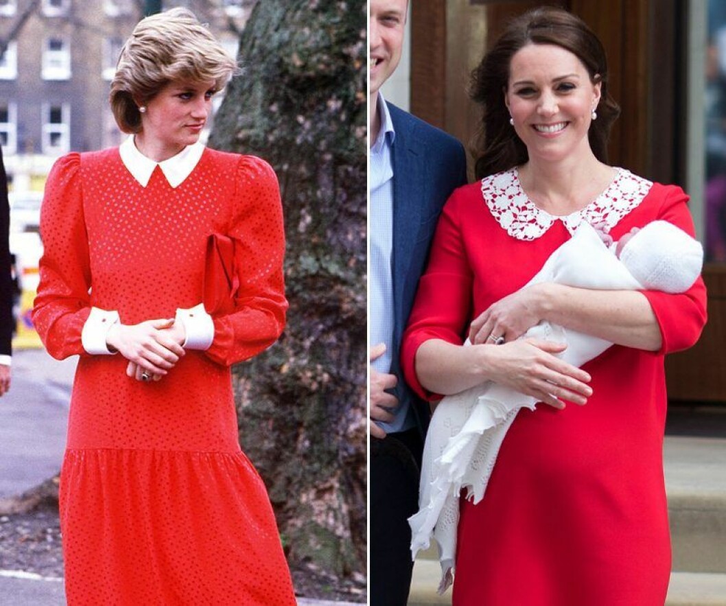 Prinsessan Diana 1986 och Kate Middleton 2018. Kate Middleton och prinsessan Diana i röd klänning med vit krage