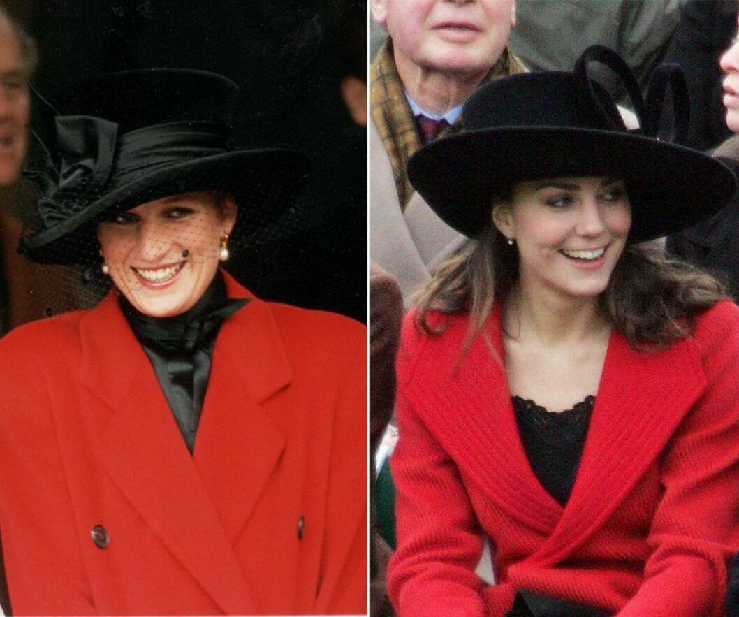 Prinsessan Diana 1993 och Kate Middleton 2006. Kate Middleton och prinsessan Diana i röd kavaj med svart hatt