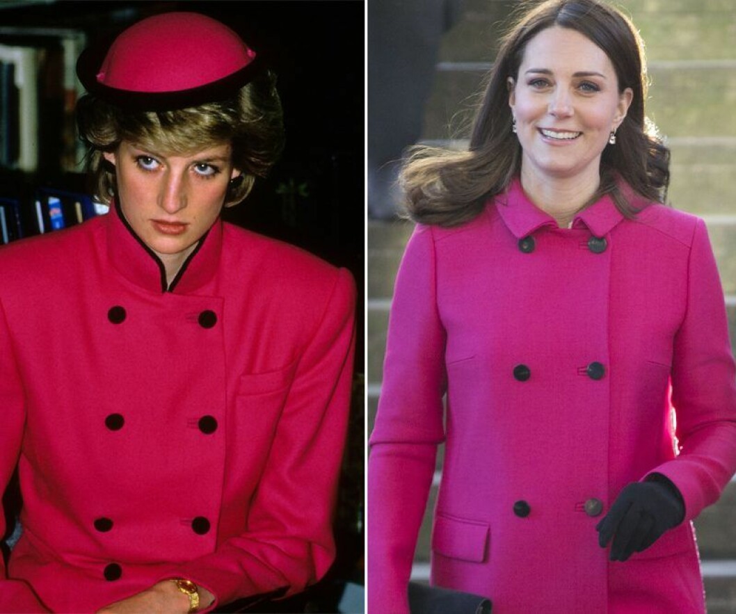 Prinsessan Diana 1986 och Kate Middleton 2015. Kate Middleton och prinsessan Diana i rosa kappa