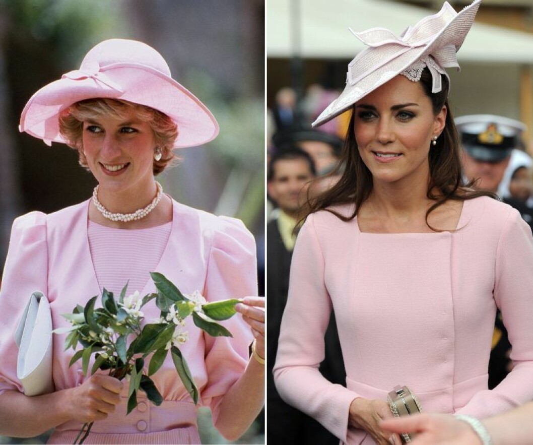 Prinsessan Diana 1985 och Kate Middleton 2012. Kate Middleton och prinsessan Diana i rosa hatt och rosa klänning