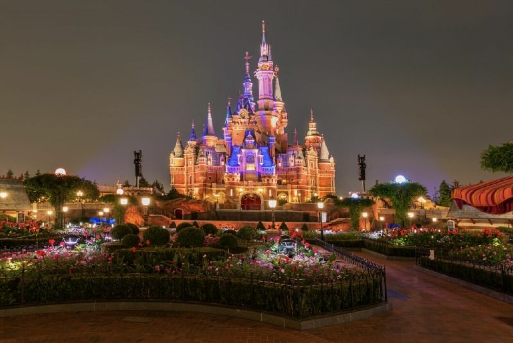 Det magiska slottet på Disneyland. ett slott som är upplyst i mörkret