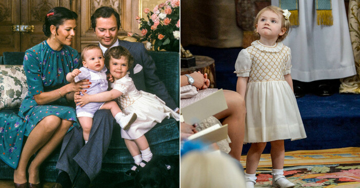 Victoria och Estelle i samma vita klänning med gulddetaljer