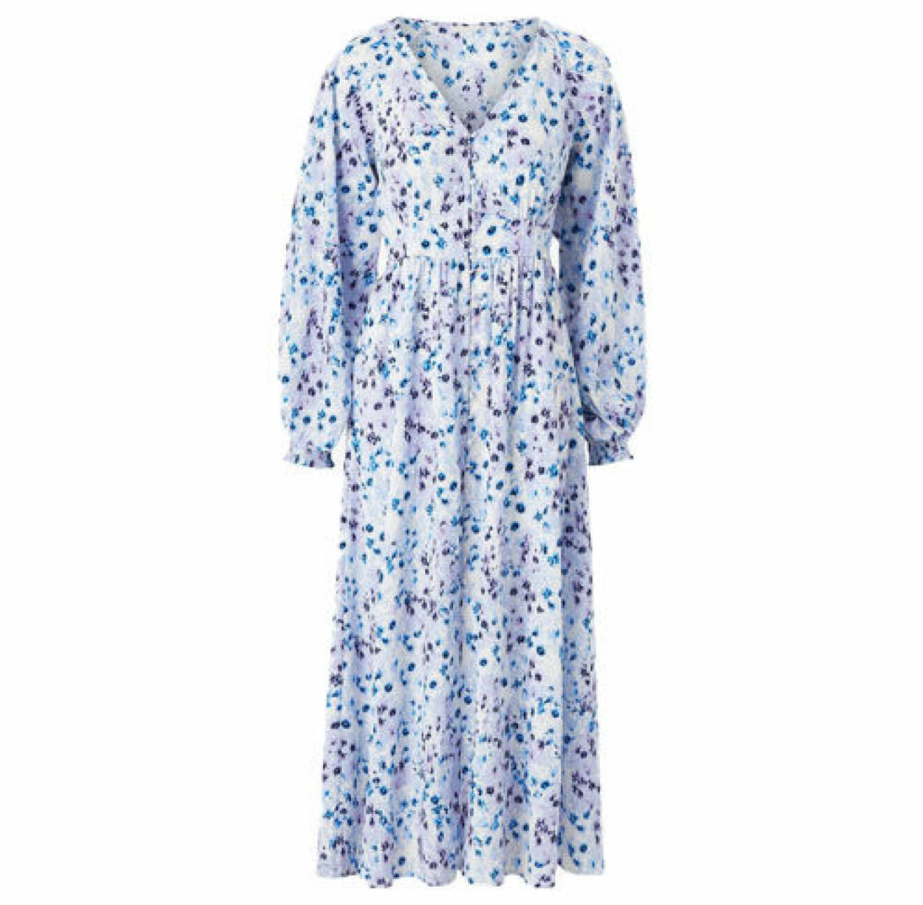 Blå blommig långärmad midiklänning med markerad midja från Ellos