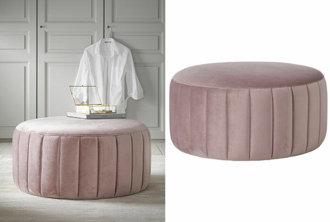 Stor ljusrosa sittpuff i sammet från Ellos Home våren 2019