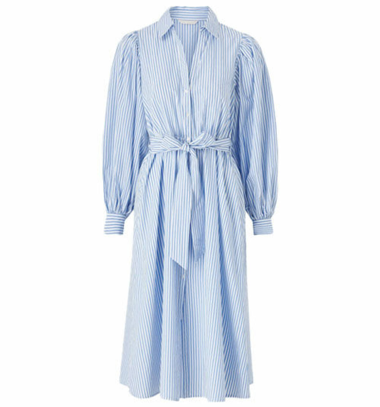 Ljusblå och vit randig skjortklänning med långa ärmar och knytning i midjan från Ellos