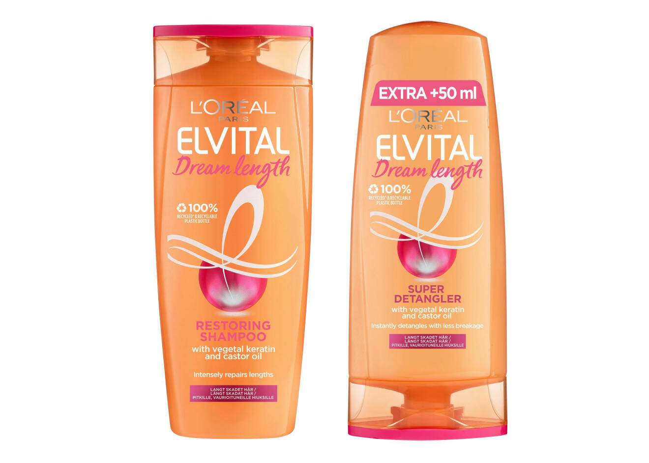 Elvital Dream Length Restoring Shampoo och Super Detangler från L’Oréal Paris.